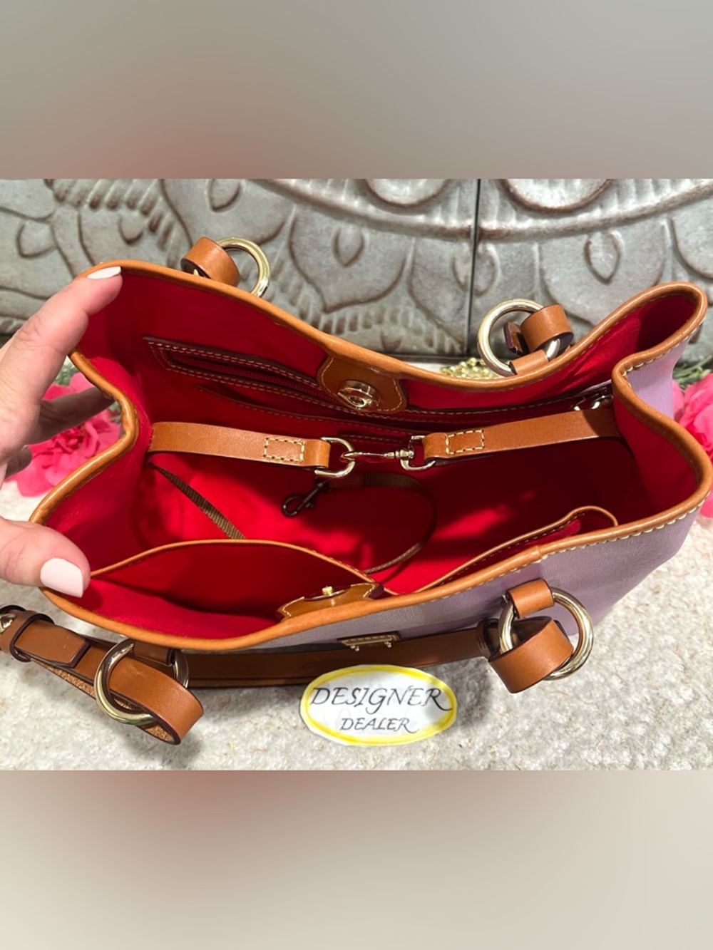 Dooney & Bourke Pink Leather Shoulder Tote with Brown Trim - Picture 10 of 12